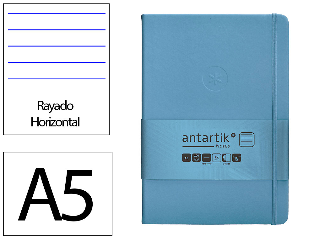 CARNET A5 ANTARTIK NOTES LIGNECOUVERTURE RIGIDE FERMETURE   ELASTIQUE 200 PAGES 80GR      COLORIS BLEU CIEL