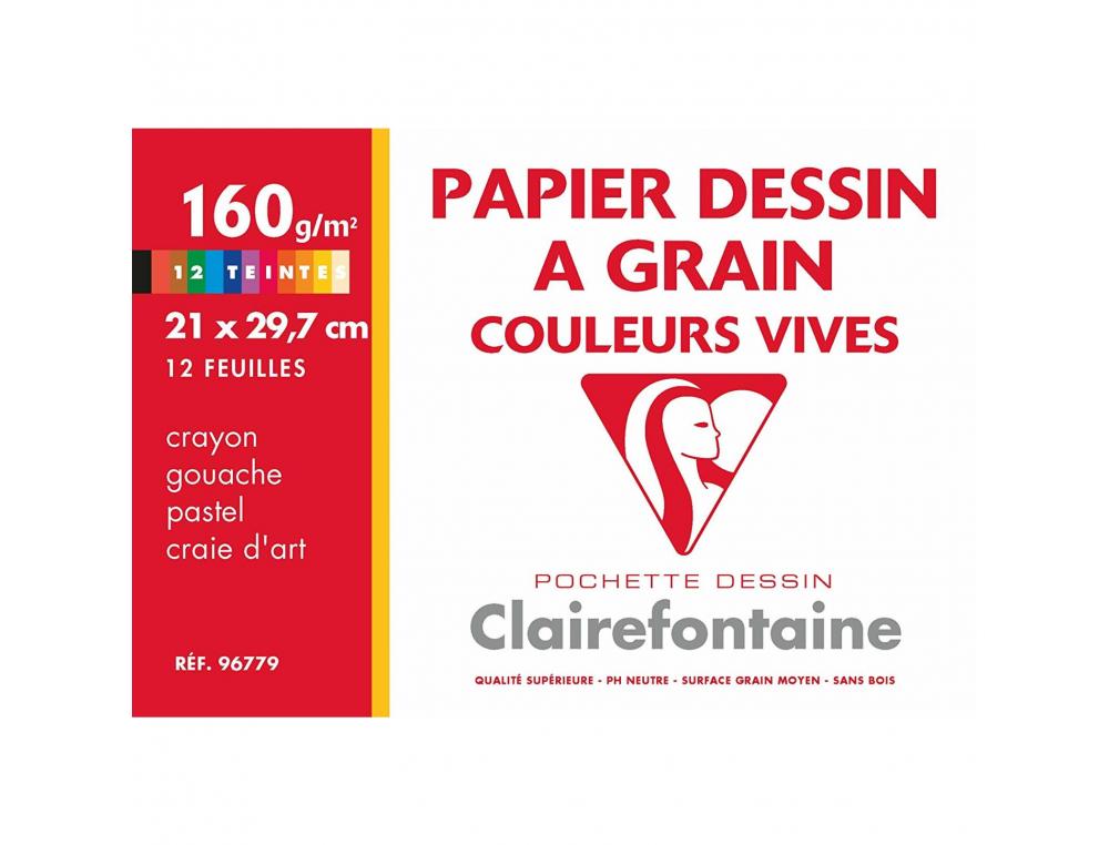 PAPIER DESSIN CLAIREFONTAINE 21X29,7CM 160G COULEURS VIVES POCHETTE 12 FEUILLES