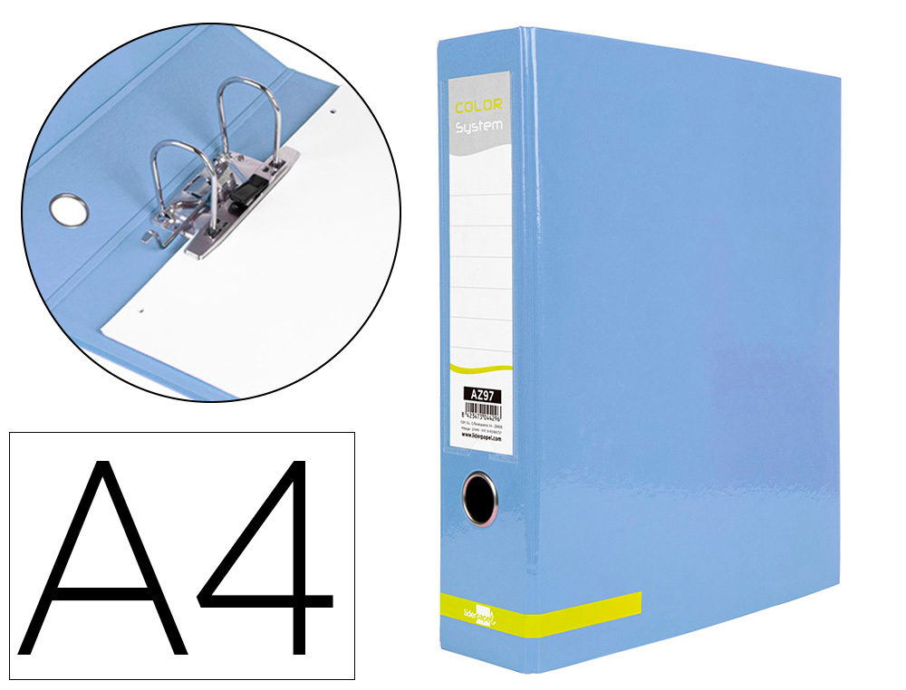 CLASSEUR A LEVIER LIDERPAPEL A4 COLOR SYSTEM DOS DE 80 MM  COLORIS BLEU CIEL