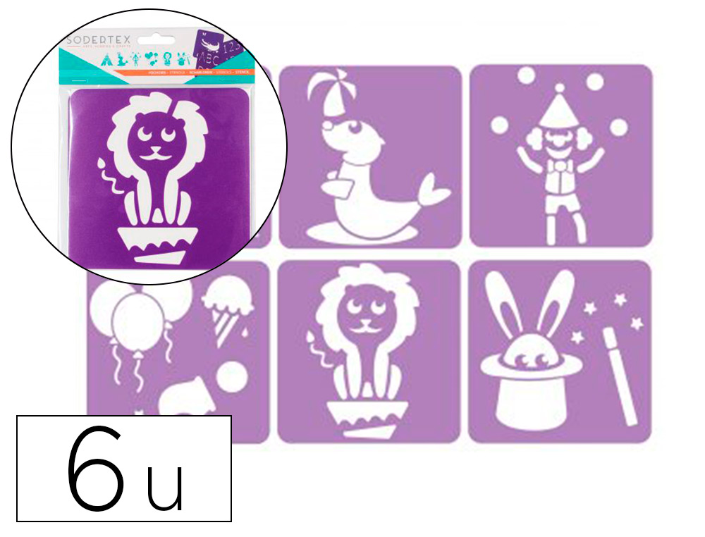 POCHOIRS SODERTEX LE CIRQUE EN PLASTIQUE INCASSABLE 5MM   140X140MM 6 PCS COLORIS       ASSORTI