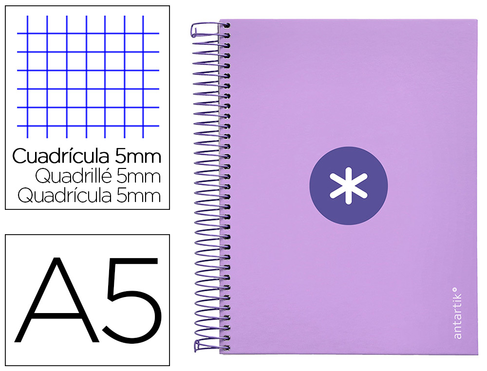CAHIER SPIRALE ANTARTIK A5 14,8X21CM 240P 90G/M2         QUADRILLAGE 5MM 6 TROUS       COIL-LOCK COLORIS LAVANDE