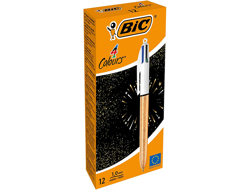 STYLO-BILLE BIC 4 COULEURS FESTIF RETRACTABLE RECHARGEABLE POINTE MOYENNE 1MM CORPS LARGE BLANC/DORE