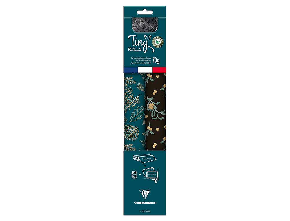 SET D'EMBALLAGE CADEAU NATURE COMPOS DE 2 ROULEAUX TINY ROLLS 5MX0,35CM + 1 ROULEAU BOLDUC 20M + 10 TIQUETTES