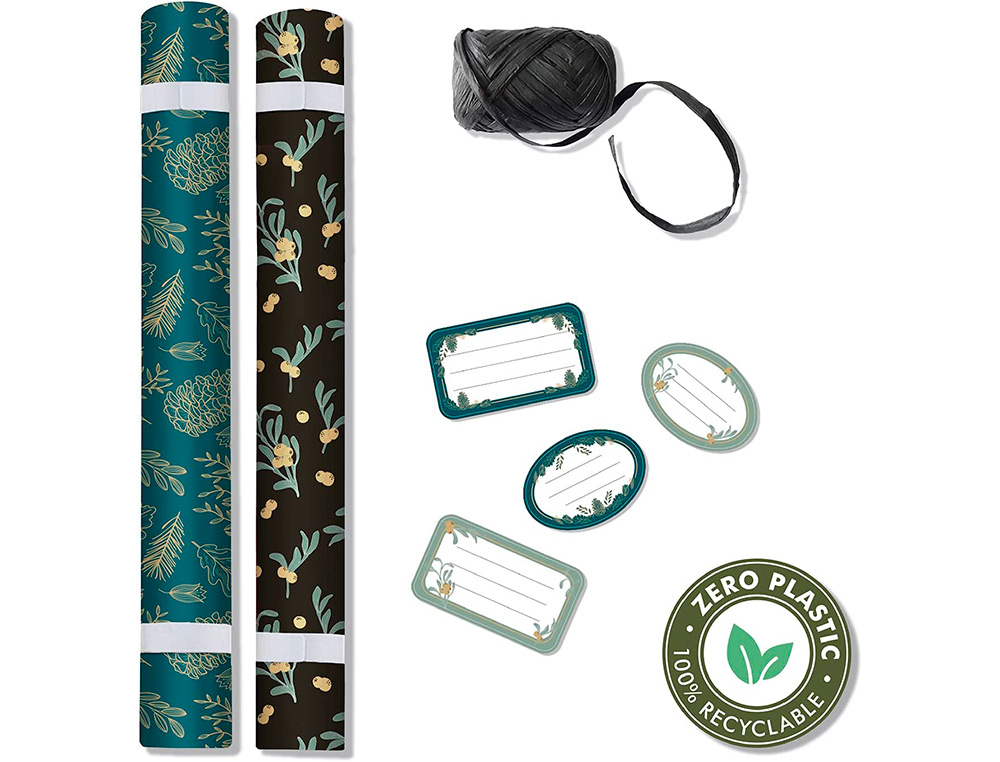SET D'EMBALLAGE CADEAU NATURE COMPOS DE 2 ROULEAUX TINY ROLLS 5MX0,35CM + 1 ROULEAU BOLDUC 20M + 10 TIQUETTES
