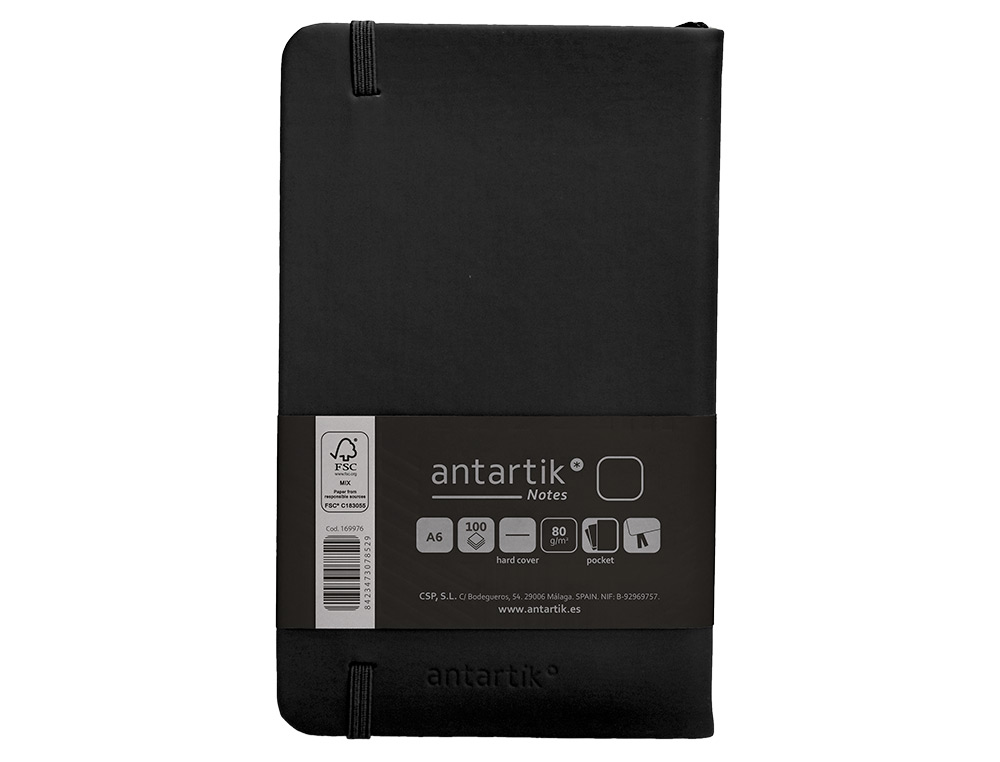 CARNET A6 ANTARTIK NOTES PAPIER UNI IVOIRE COUVERTURE  RIGIDE FERMETURE ELASTIQUE 100PAGES 80GR COLORIS NOIR