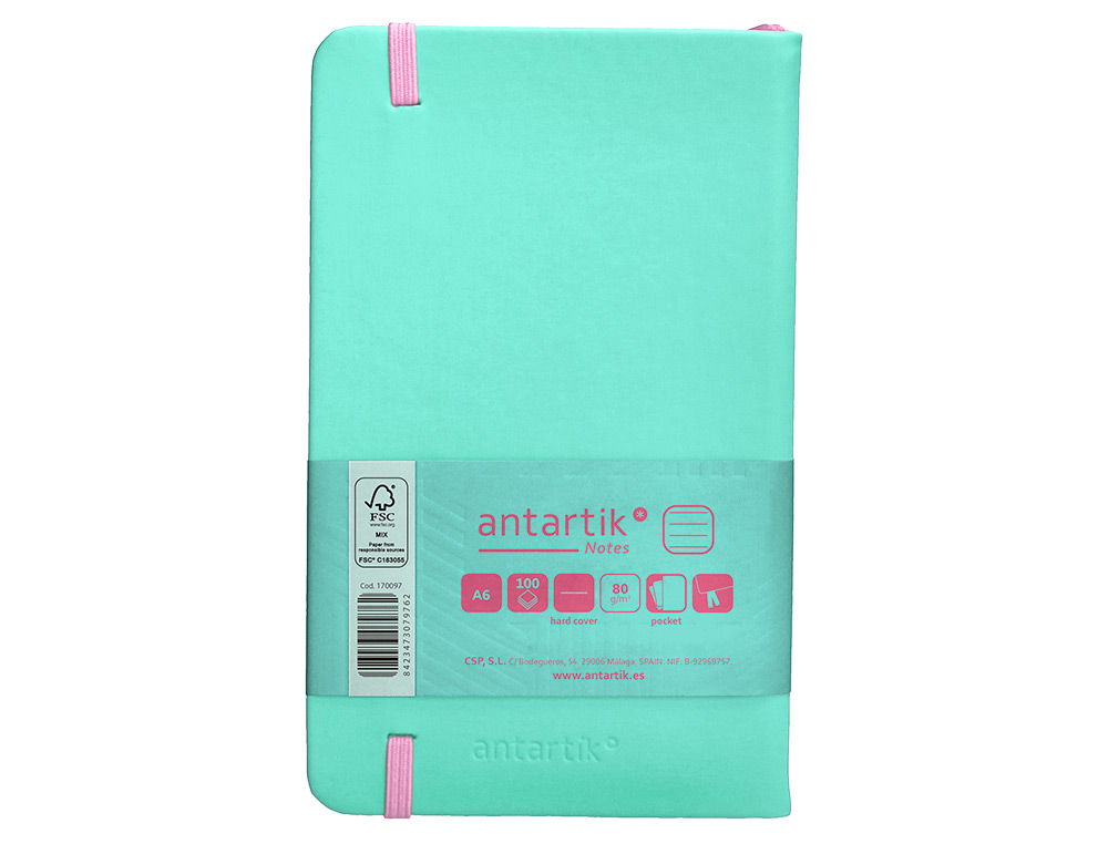CARNET A6 ANTARTIK NOTES LIGNECOUVERTURE RIGIDE FERMETURE ELASTIQUE ROSE 200 PAGES 80GR COLORIS TURQUOISE