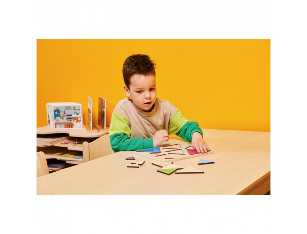 DECOUVERTE DES TAILLES TRIANGLES ROLF PUZZLES EN     RELIEF EN BOIS TRIANGLES      COLORES 10 PIECES ET 1