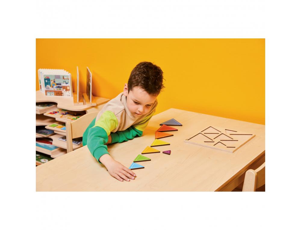 DECOUVERTE DES TAILLES TRIANGLES ROLF PUZZLES EN     RELIEF EN BOIS TRIANGLES      COLORES 10 PIECES ET 1