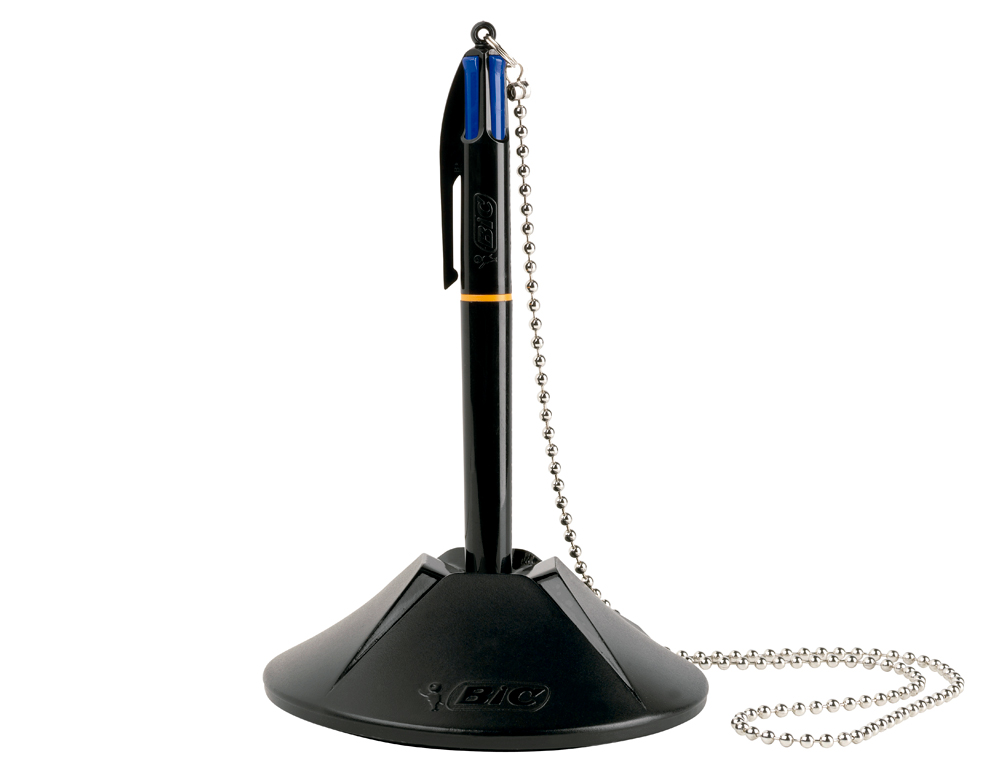 STYLO-BILLE BIC SUR SOCLE BASE LESTÉE CHAÎNE SÉCURISÉE RÉTRACTABLE RECHARGEABLE 4 CARTOUCHES COULEUR BLEU