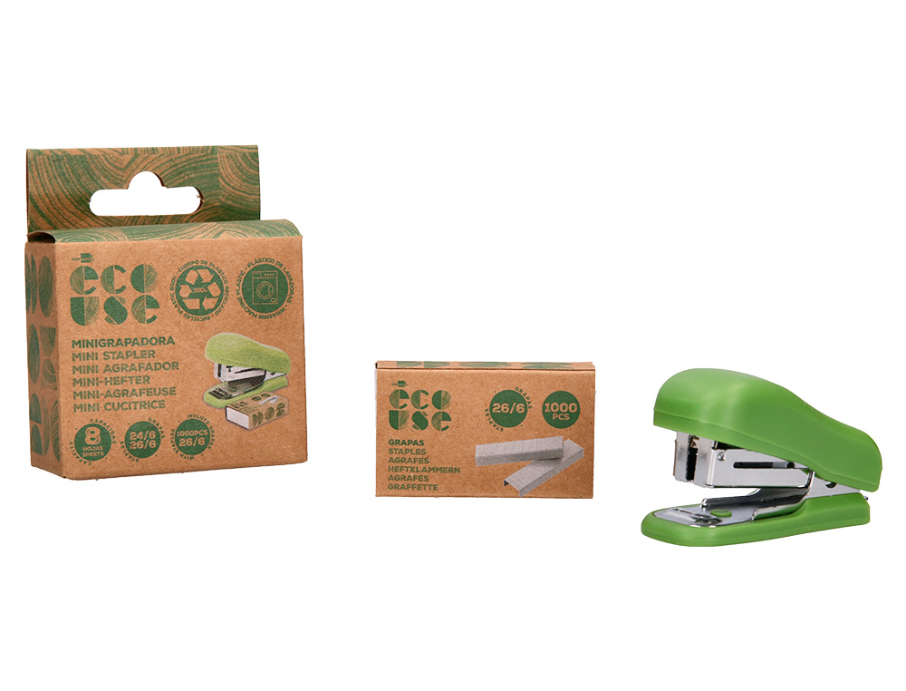 MINI AGRAFEUSE LIDERPAPEL ECOUSE CAPACITE 12 FEUILLES 100% PLASTIQUE RECYCLE BOITE DE 1000 AGRAFES INCLUSE
