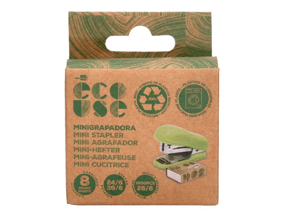 MINI AGRAFEUSE LIDERPAPEL ECOUSE CAPACITE 12 FEUILLES 100% PLASTIQUE RECYCLE BOITE DE 1000 AGRAFES INCLUSE