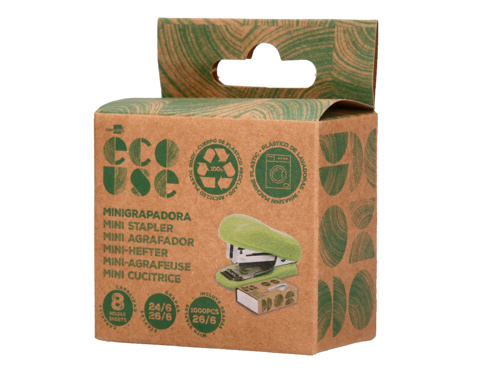 MINI AGRAFEUSE LIDERPAPEL ECOUSE CAPACITE 12 FEUILLES 100% PLASTIQUE RECYCLE BOITE DE 1000 AGRAFES INCLUSE
