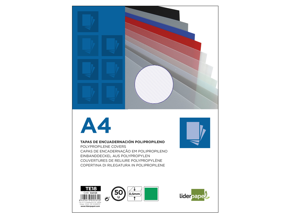 PLAT COUVERTURE LIDERPAPEL PPL RAYÉ LIGNES DIAGONALES 0.5MM A4 DOSSIER RELIURE COLORIS VERT BOÎTE 100 UNITÉS