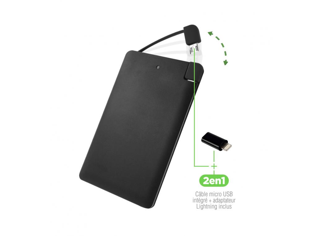 BATTERIE DE SECOURS POWER BANK 2500 MAH FLAT COLOR      CABLE MICRO USB INCLU ET      CONNECTEUR LIGHTNING POUR