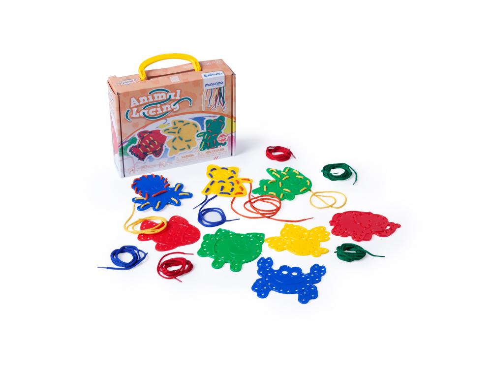LOT ANIMAUX A LACER MINILAND PLASTIQUE 8 ANIMAUX PIECES DE 11 CM ET 10 LACETS