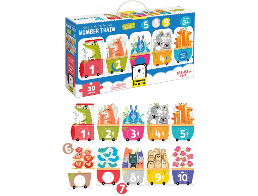 JOUER AVEC LES CHIFFRES BANANA PANDA LE TRAIN DES     NUMEROS PUZZLE PANORAMIQUE    EDUCATIF 30 PIECES ET 1 GUIDE