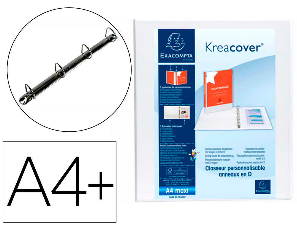 CLASSEUR EXACOMPTA KREACOVER 4 ANNEAUX 15MM A4+ CARTON RECOUVERT POLYPROPYLNE DOS 38MM PERSONNALISABLE BLANC