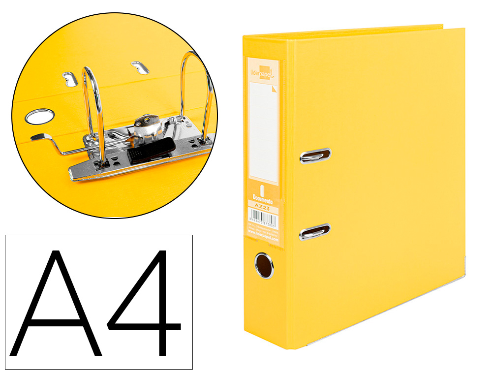CLASSEUR LEVIER LIDERPAPEL A4 DOCUMENTA CARTON REMBORD 1,9MM DOS 75MM RADO MTALLIQUE COLORIS JAUNE
