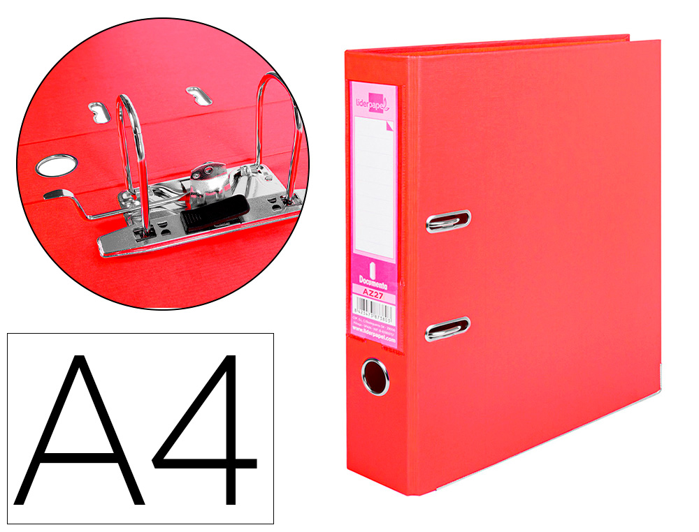 CLASSEUR LEVIER LIDERPAPEL A4 DOCUMENTA CARTON REMBORD 1,9MM DOS 75MM RADO MTALLIQUE COLORIS ROUGE