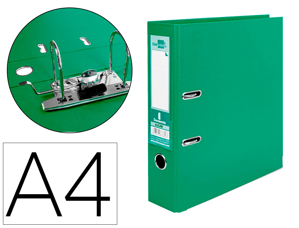 CLASSEUR LEVIER LIDERPAPEL A4 DOCUMENTA CARTON REMBORD 1,9MM DOS 75MM RADO MTALLIQUE COLORIS VERT