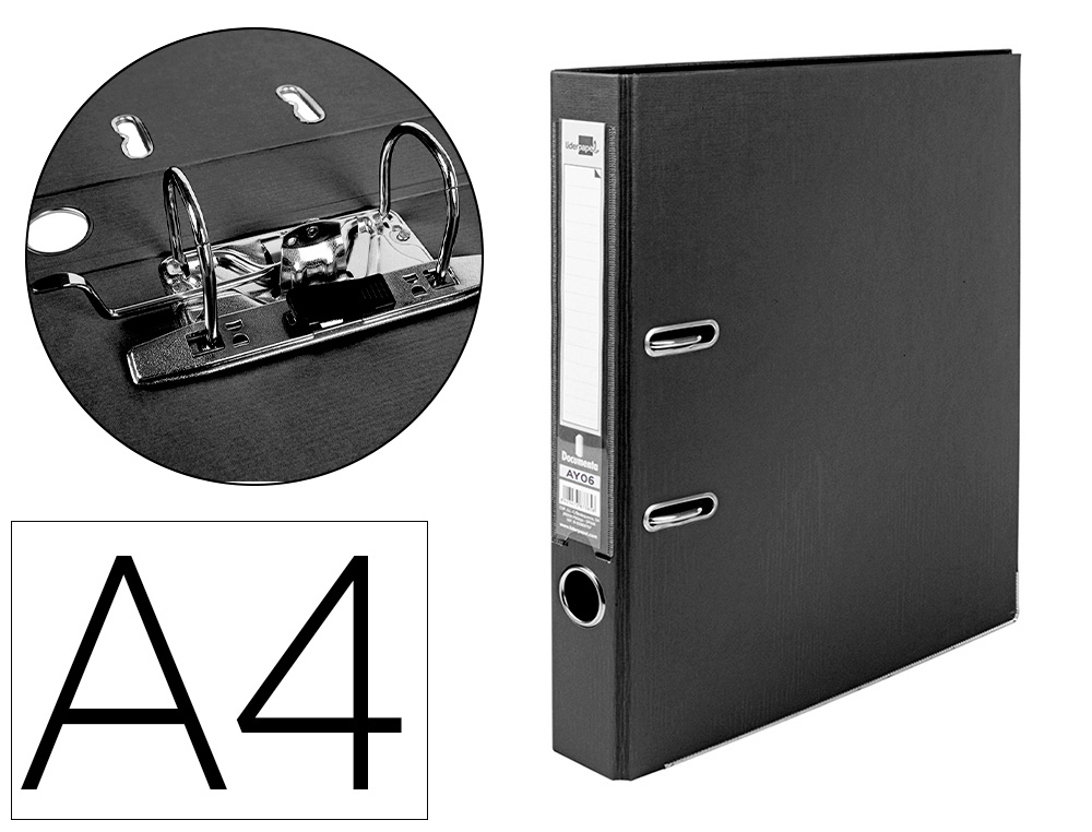 CLASSEUR LEVIER LIDERPAPEL A4 DOCUMENTA CARTON REMBORD 1,9MM DOS 52MM RADO MTALLIQUE COLORIS NOIR